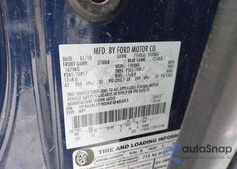 2010 Ford Expedition El Xlt из США, поврежденный, VIN 1FMJK1F50AEB45353